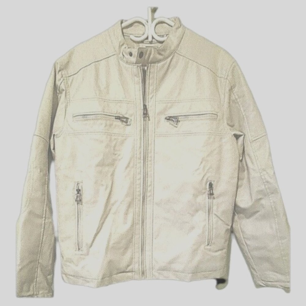 Moto Faux Leather Jacket Unisex Size Medium Off White